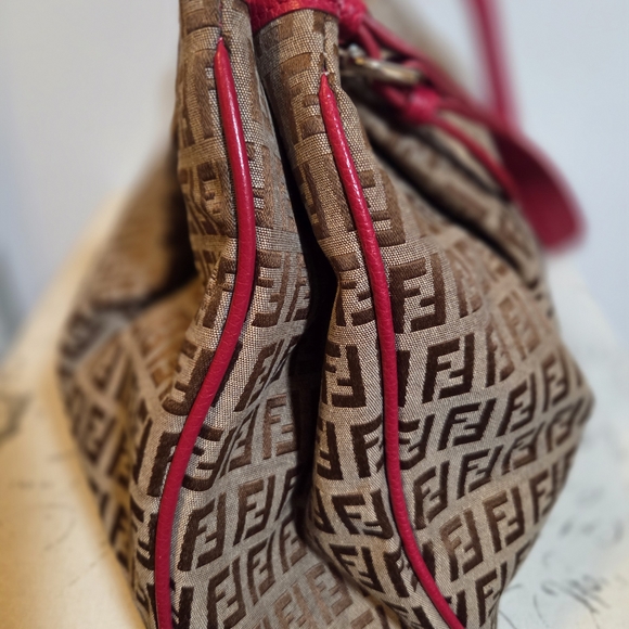 Fendi Zucca Baguette Tote Shoulder Bag Brown/Pink Leather Trim - Picture 7 of 15